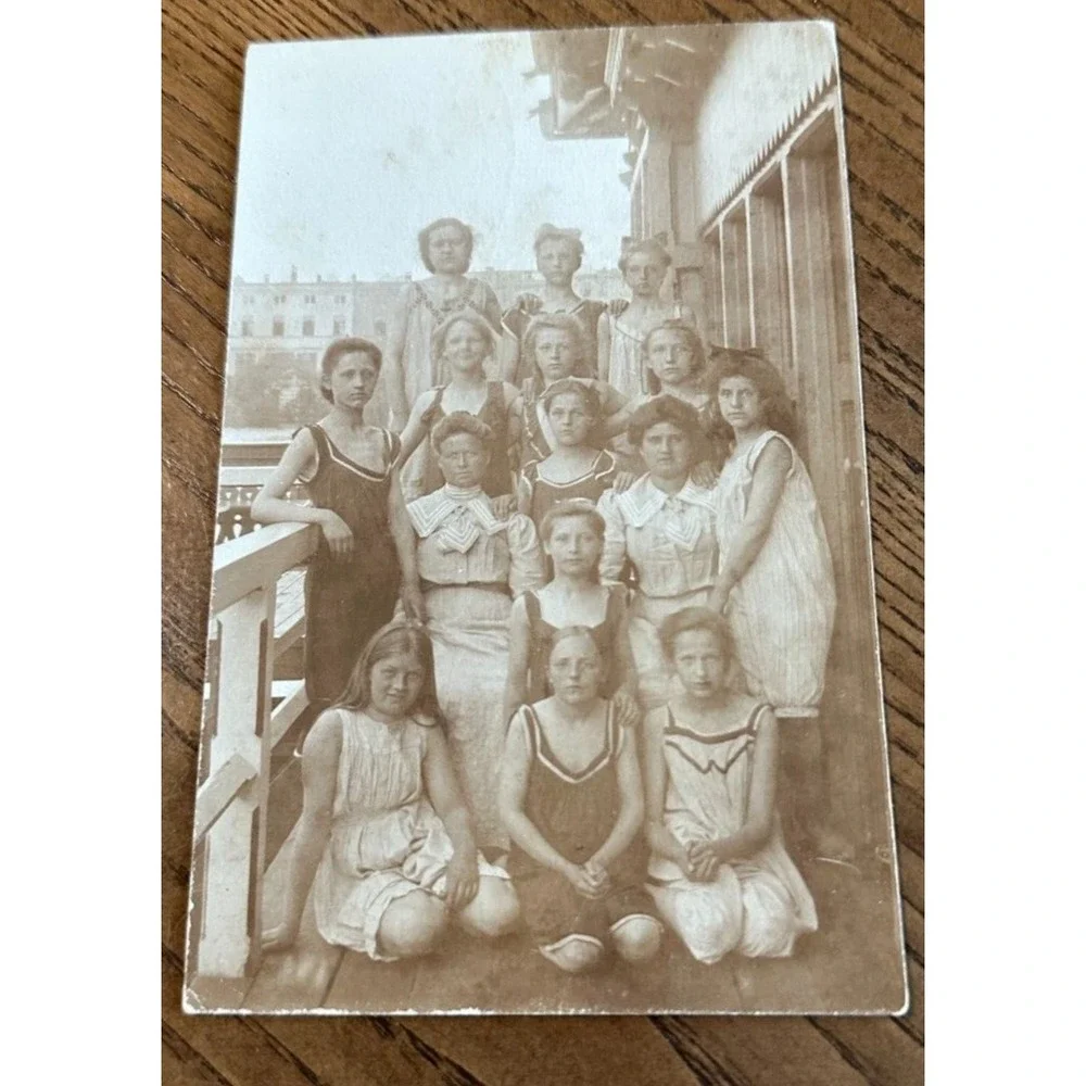 2 Antique RPPC Portrait Girl Group Swimsuits BATHING SUITS Mother Daughters OOAK